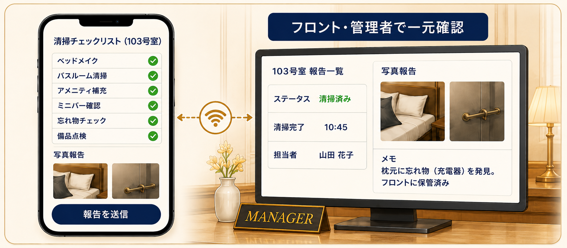 清掃状況をリアルタイム共有する説明画像